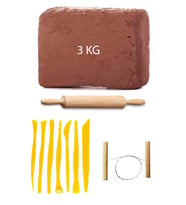Kahve Çamur Kırmızı Kil Seramik Hamuru 3 kg Plastik Ebeşuar Seti Ahşap Merdane Çamur Kesme Teli
