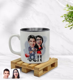 BK Gift Kişiye Özel Sevgililer Karikatürlü İçi Siyah Renkli Kupa Bardak Model 1