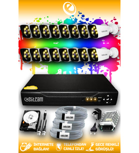 ELITCAM 16 Kameralı Kare 16 Dış Kamera Set 1 TB HDD Full HD Renkli Gece Görüşlü Güvenlik Kamerası Sistemi (Beyaz)