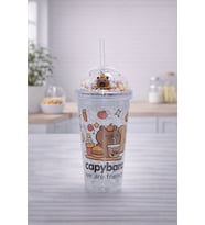 Capybara Desenli Pipetli Soğuk İçecek Bardağı Şeffaf Kapaklı Straw Cup Sevimli Tumbler Bardak (Yeşil-Lila)