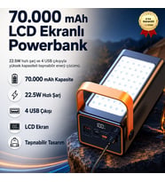 70.000mAh 22.5W Hızlı Şarjlı, 4 USB Çıkışlı, LCD Ekranlı Powerbank