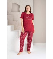 Kadın Yuvarlak Yaka Geniş Battal Beden Viskon Cepli Büyük Beden Pijama Takımı (Bordo)