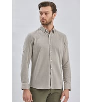 Koyu Kahverengi Kısalabilir Kollu Armürlü Biritli Yaka Pamuklu Casual Slim Fit Gömlek 1004240202