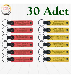 Nar Çiçeği & Sarı, 30’lu Set, Kişiye Özgü Yazılı Deri Anahtarlık, Düğün Misafirlerine Özel Hediye