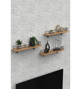 Modern Tasarımlı Metal Korkuluklu Ahşap Duvar Rafı Üçlü