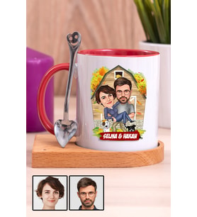 Sevgiliye Özel Hediye Ev Temalı Karikatürlü Ahşap Altlıklı Kırmızı Kupa Bardak