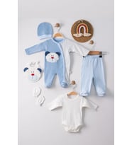 Mulvxbby Bby02 Ayıcık Nakışlı Tulumlu % 100 Pamuk Erkek Bebek 5'Li Set (Mulvix)