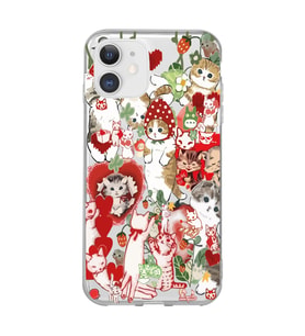 Iphone 11 Uyumlu Çilek ve Kediler Tasarımlı Şeffaf Telefon Kılıfı