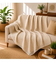 Pamuklu Lilyana Koltuk Örtüsü 170x210 cm, Çift Taraflı Dekoratif Şal, Tekli, Üçlü, Kanepe, Çekyat ve Berjer İçin Koruyucu, Kaymaz, Nefes Alan, Yıkanabilir, Modern Çizgili Tasarım (KREM)