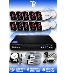 PICAM 10 Kameralı Kare 10 Dış Kamera Set 500 GB HDD Full HD Gece Görüşlü Güvenlik Kamerası Sistemi