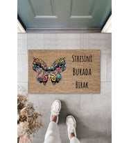 Dormot Modern Dijital Baskı Stresini Burada Bırak Kelebek 70x45cm Kapı Önü Paspası (Kahverengi Koyu)