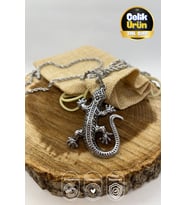 Paslanmaz Çelik Madalyon Bukalemun Figür Gümüş Rengi Parlak Kararmaz Çelik Kolye Unisex Kolye