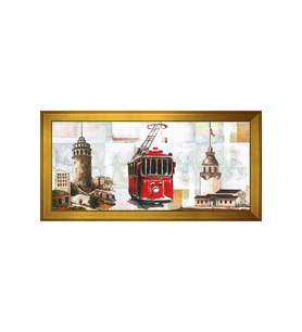 Tramvay Eski Galata ve Kız Kuleleri Motifli Kanvas Tablo 80 x 110 cm Gold Çerçeve