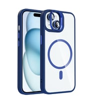 Apple iPhone 15 Uyumlu Kılıf Standlı ve Kamera Lens Hediyeli M-Safe Şarj Özellikli Zore Etro Kapak (Lacivert)