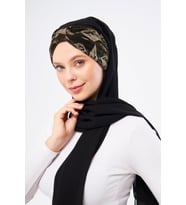 Siyah Simli Arkadan Bağlamalı Şal Şifon Çiçek Desenli 2318_01