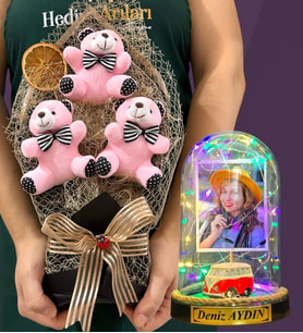 Kişiye Özel Renkli Led Işıklı Fanus ve Büyük Boy Pembe Ayıcık Buketi (Model 2)