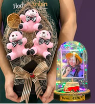 Kişiye Özel Renkli Led Işıklı Fanus ve Büyük Boy Pembe Ayıcık Buketi (Model 2)