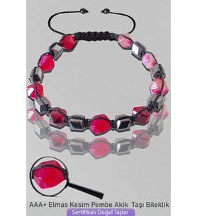 Sertifikalı AAA+ Elmas Kesim Terahertz - Pembe Akik Taşı Bileklik - Ayarlamalı (Çok Renkli)