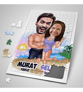 Kişiye Özel Yapboz Tatildeki Sevgililer Karikatürlü Puzzle
