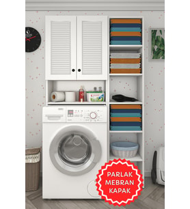 Kenzlife membran çamaşır makinesi dolabı sinemmaks byzbyz panjur 180*096*30 mebran kapak MDF gövde kapaklı arkalıklı raflı (Beyaz-Gri)