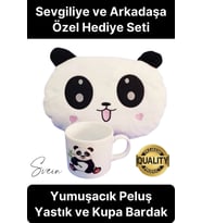 14 Şubat Yumuşacık Sevimli Peluş Panda Yastık ve Kupa Bardak Sevgililer Günü Hediye Seti Arkadaşa (Çok Renkli)