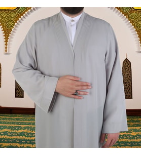 Gri  Buhara Yaka Namaz Cübbesi - Sarık Kumaşı Hediyeli