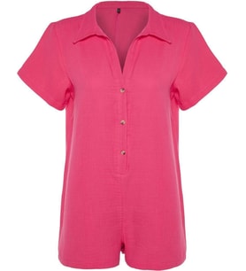 Kadın Moda Standart Kol Boru Paça Hakim Yaka Kısa Geniş Kalıp Dokuma Müslin %100 Pamuklu Tulum