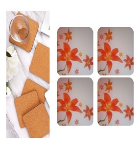 AHŞAP BARDAK ALTLIĞI 4 ADET ÇİÇEK DESEN 9x9cm