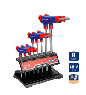 WORKPRO WP200542 8 Parça CR-V Top Başlı T Tipi Uzun Profesyonel Allen Anahtar Takımı
