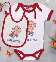 BK Kids Süper Kızan Tasarımlı Kırmızı Bebek Body Zıbın ve Mama Önlüğü Hediye Seti-1