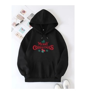 Yılbaşı Merry Christmas Baskılı Oversize Kapüşonlu Sweatshirt Hoodie - Siyah