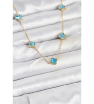 316L Çelik Zincir Gold Renk Buz Mavisi Baby Boy Yonca Kadın Kolye 5886 - LOHO3467-2075