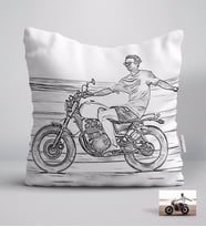 BK Gift Kişiye Özel Tam Boy Karakalem Motosikletli Adam Karikatürlü Beyaz Yastık-1