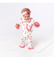 Kız Çocuk Ekru Pembe Lale Desenli Fırfırlı Bandanalı Pijama Takımı