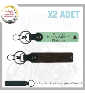 Motor Tutkunlarına Özel, İsim Plaka ve 0 Rh (+) Kan Grubu Yazılı x2 Anahtarlık, Yeşil-K Kahve-Laci (Çok Renkli)