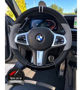 BMW X5 F15 Dikme Direksiyon Kılıfı Delikli Deri Parlak Siyah Gri Detay Çift Yüzük ve Dikiş 2013-2018