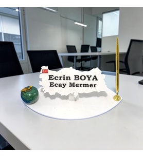 Sümen Ofis Doğal Beyaz Mermer İsimlik Haritalı Gold Tek Kalem ve Mermer Yeşil Elma Figürü