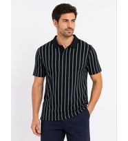 Erkek Pike Kumaş Çizgili Polo Yaka Tişört Kısa Kol Yazlık T-Shirt - Siyah