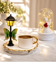 Sokak Lambalı Premium Kahve Fincanı ve LED Işıklı Fanus(beyaz melekli) Seti