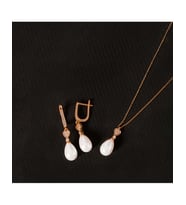 925 Ayar Zirkon Taşlı Kalpli Damla Gümüş İnci Set (Rose)