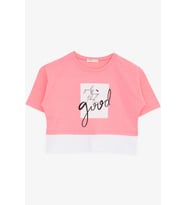 Breeze Kız Çocuk Crop Tişört Yazı Baskılı Yanları Yırtmaçlı 9-14 Yaş, Neon Pembe