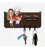 Yemek Yapmayı Seven Çiftler Karikatürlü Anahtar Askısı