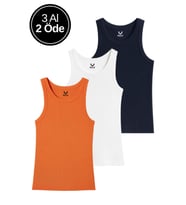 Kadın 3'lü Paket Turuncu-Beyaz-Lacivert Sıfır Kol Kaşkorse Body-Bisiklet Yaka %100 Pamuk Atlet Bluz
