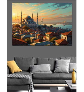 Gün Batımında İstanbul Panoramik Manzara Dekoratif Kanvas - Mdf Ahşap Tablo