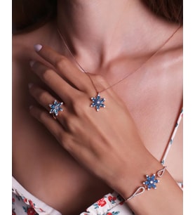 925 Ayar Gümüş Rose Renk Aqua Taşlı Yonca Kadın Set