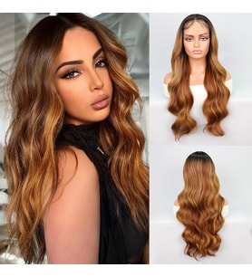 Siyah Karamel Balköpüğü Ombre Fiber Sentetik Geniş Dalgalı Tül Peruk
