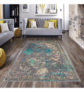 Gri Vintage Desen Çerçeveli Yıkanabilir Kaymaz Taban Leke Tutmaz Modern Salon Halısı ve Yolluk (Turkuaz)