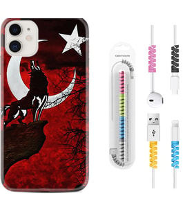 Apple iPhone 11 12 13 Mini Kılıf Kablo Koruma Spiral Silikon Wolf and Moon 2 1381