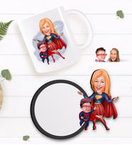 BK Gift Kişiye Özel Süper Anne ve Çocuk Karikatürlü Beyaz Kupa ve Ahşap Bardak Altlığı Hediye Seti-1