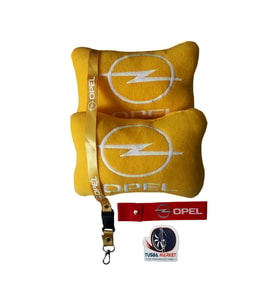 Opel Uyumlu Nakışlı Sarı Polar Ortopedik Seyahat Boyun Yastık / Sarı Oto Ayna Askısı & Tampon Çeki İpi